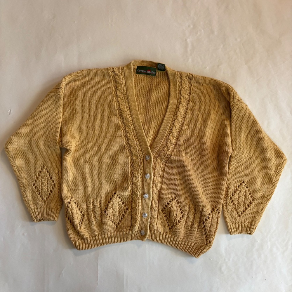 Outback Red Vintage Mustard Yellow Cable Knit Pointelle Cardigan Sweater Small